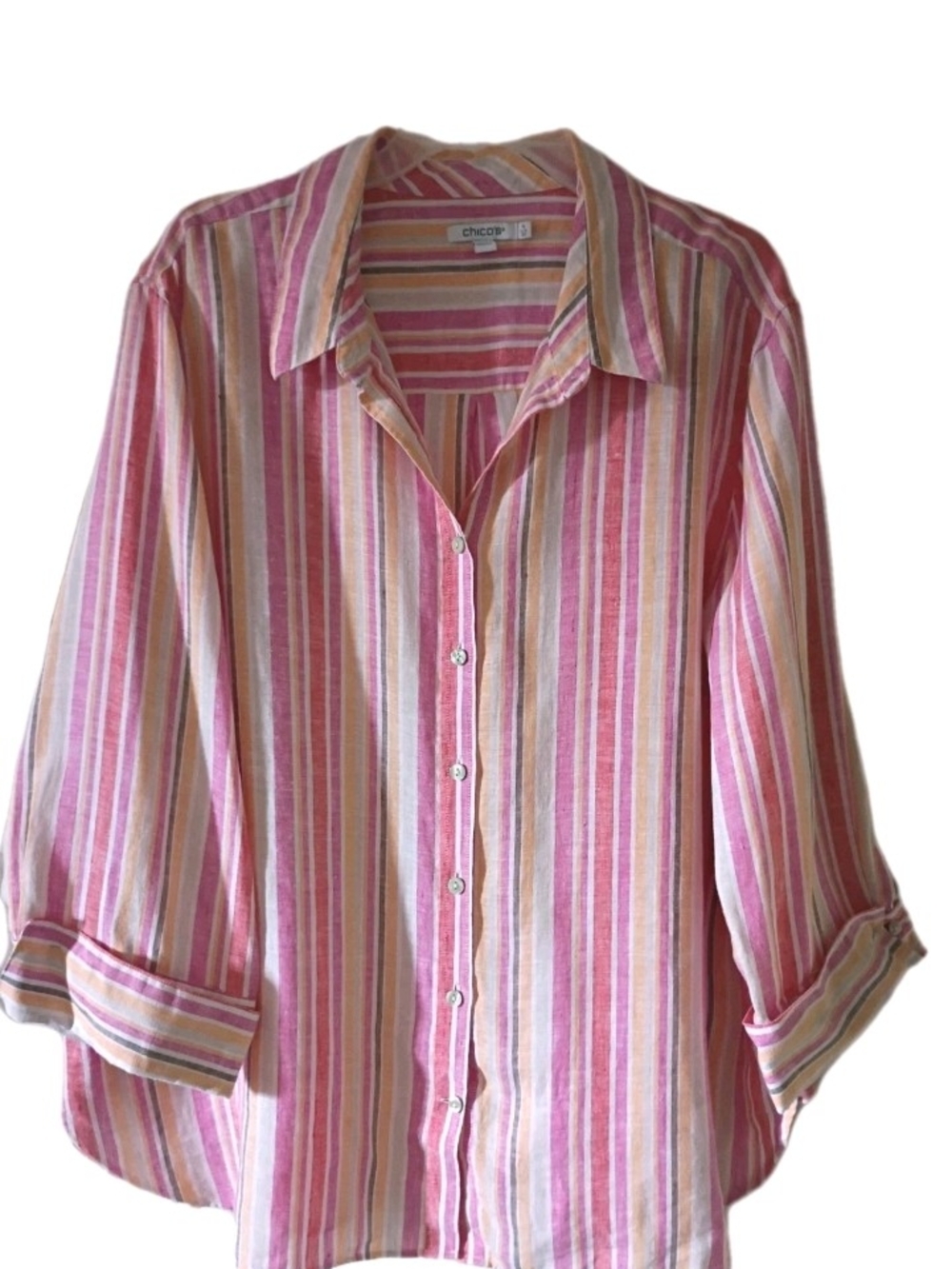 Chico's Pink, Orange & Cream Striped Blouse 100 % Linen